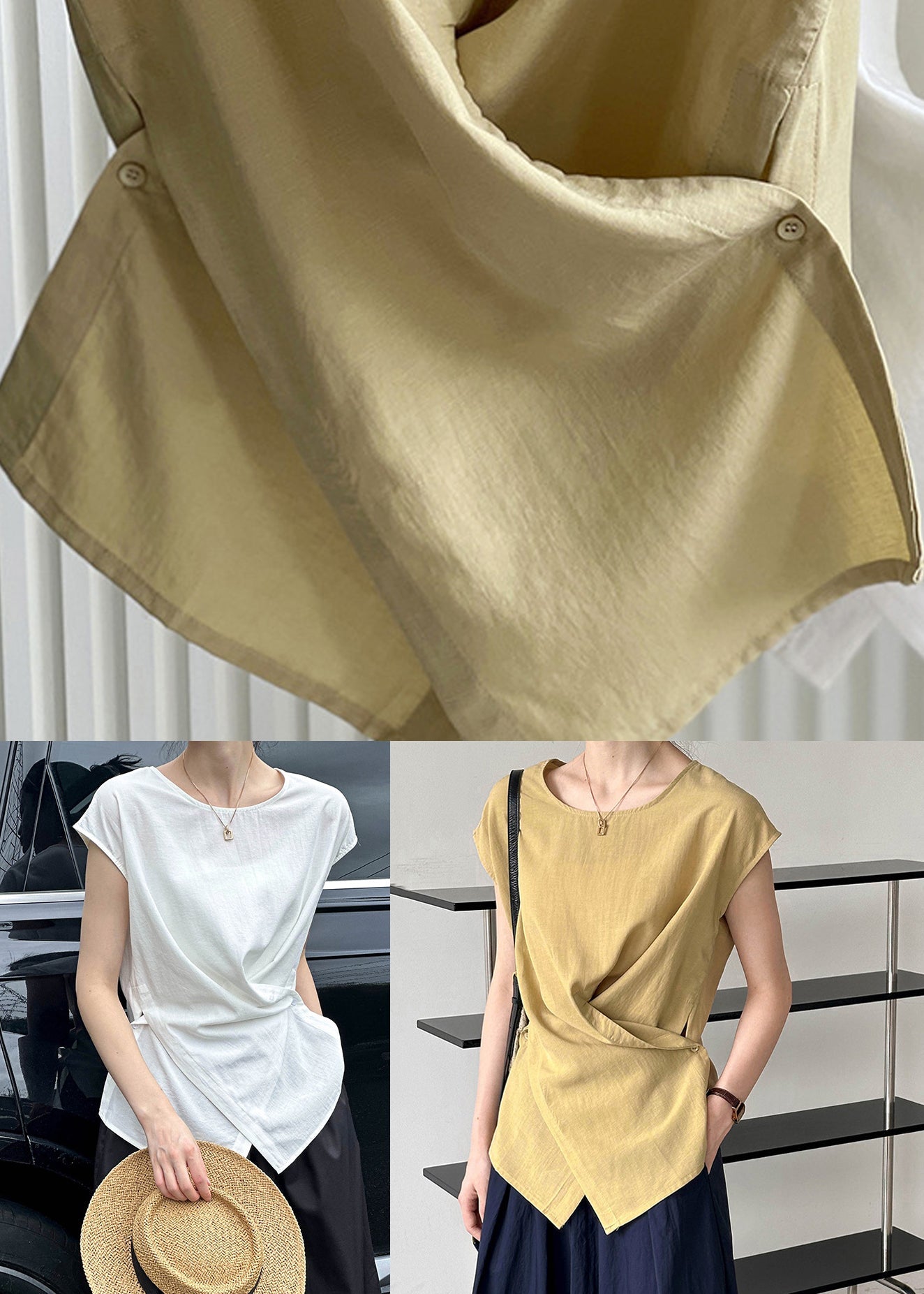 Yellow Fine Short Asymmetrical Sleeve Solid Top FashionChic