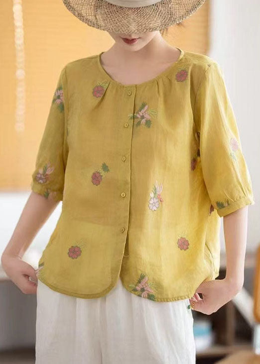 Embroidered Summer Tops Yellow Fine Linen O-Neck FashionChic