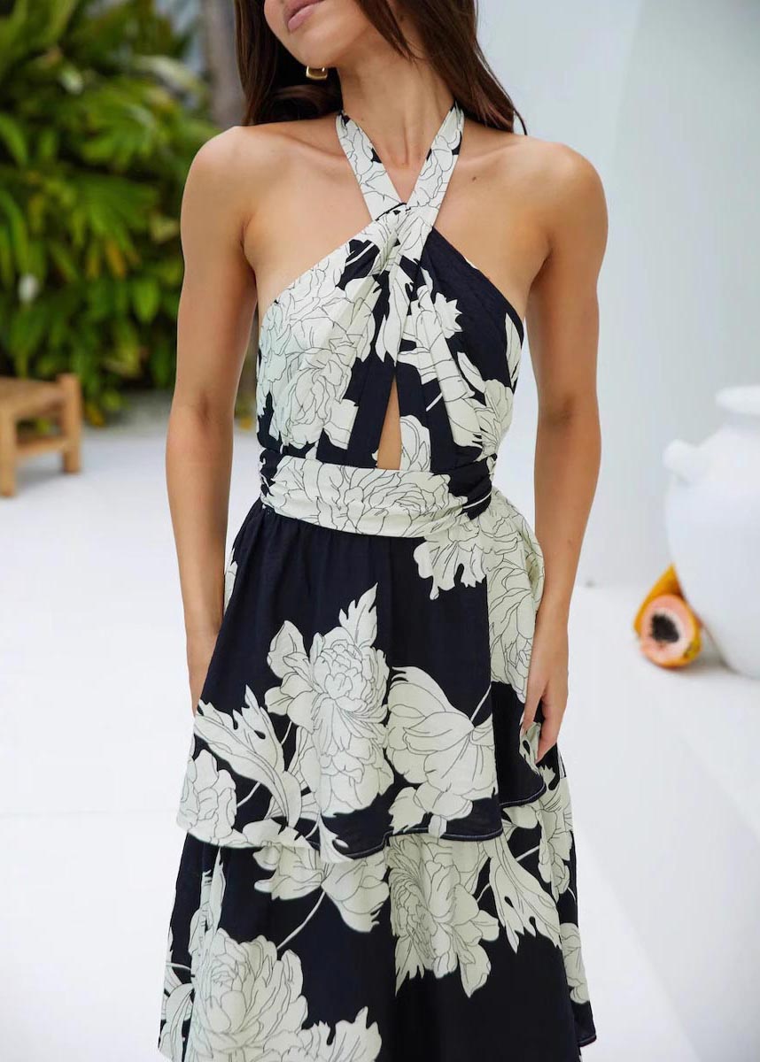 Dresses Backless Black Fitted Vacation Print Summer FashionChic