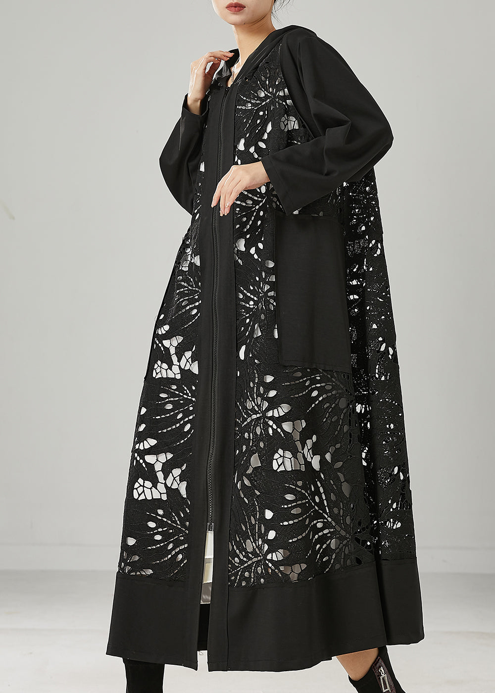 Fitted Black Oversized Patchwork Hollow Out Cotton Trench Spring YU1035 Ada Fashion