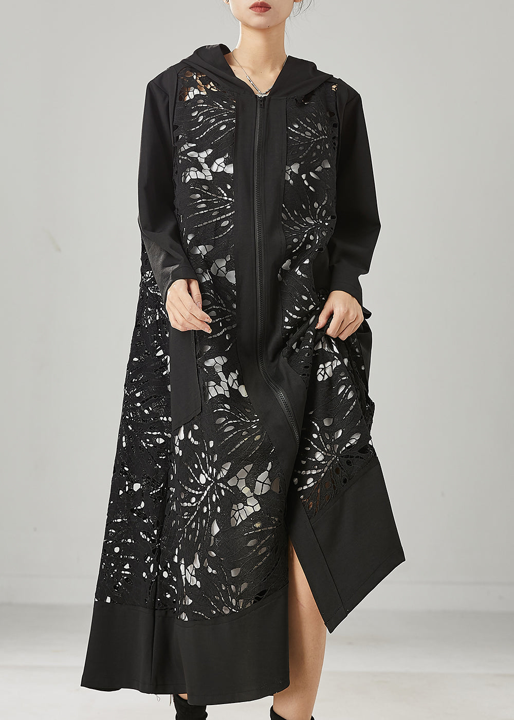 Fitted Black Oversized Patchwork Hollow Out Cotton Trench Spring YU1035 Ada Fashion