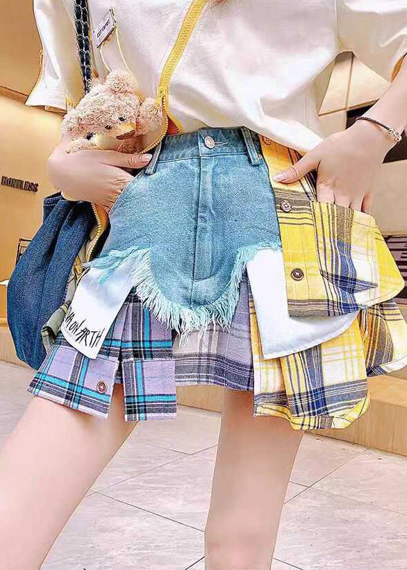 Blue Denim Skirts Summer Patchwork Fitted Asymmetrical FashionChic