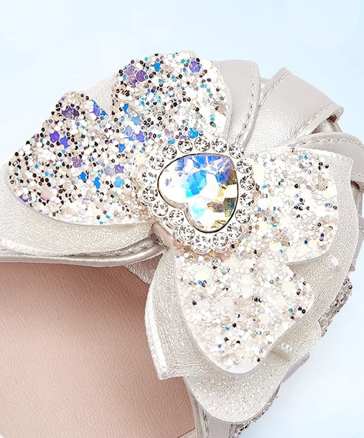 Silver Fitted Leather Girls Buckle Sandals Strap Kids Zircon Faux FashionChic
