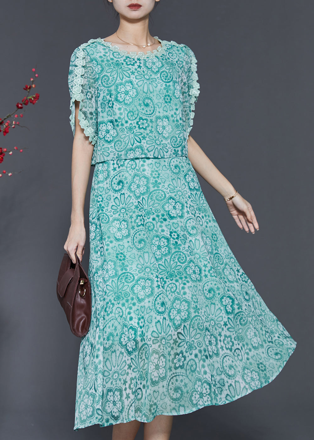 Fitted Green Print Patchwork Chiffon Dresses Summer SD1026 Ada Fashion