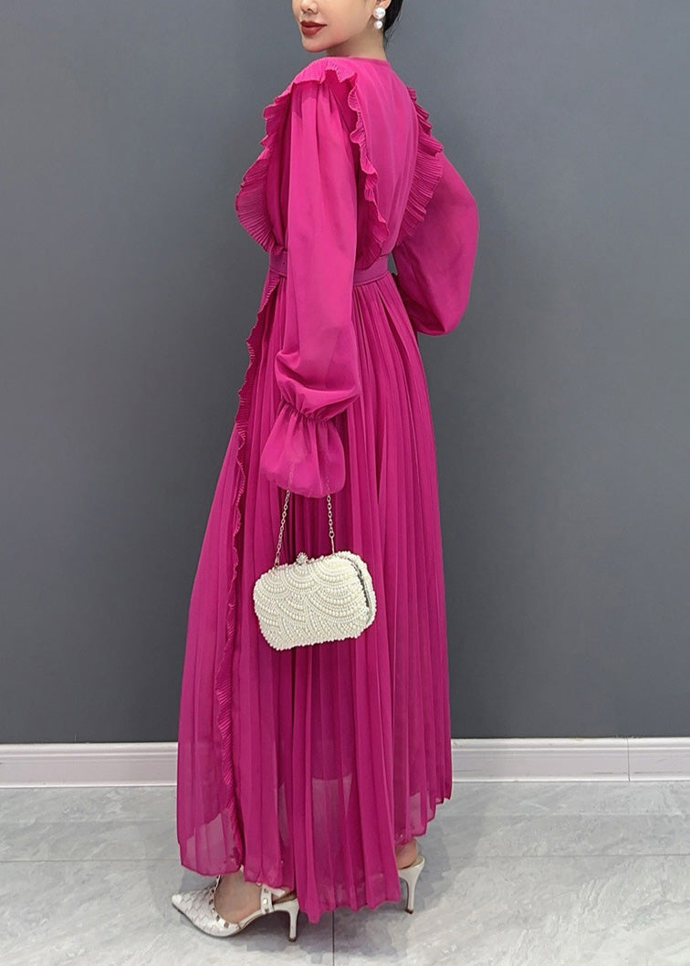 Fitted Rose V Neck Ruffled Patchwork Chiffon Dress Flare Sleeve AY1007 JDML-240828