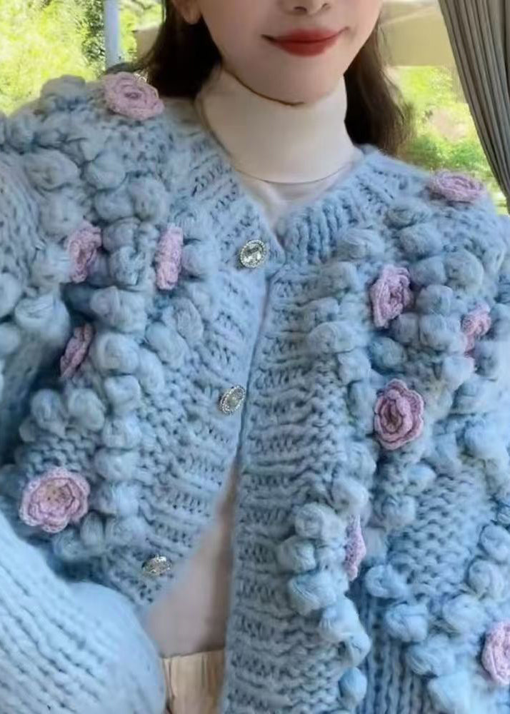Floral Blue O Neck Button Cozy Knit Coat Winter WY009 OM-OL241106