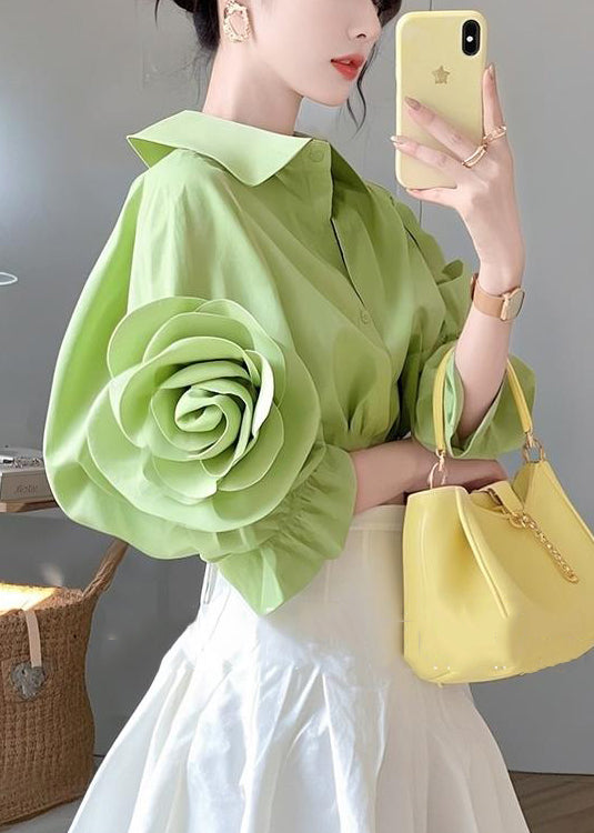 Cotton Blouses Half Pan Collar Button Green Floral sleeve Peter FashionChic