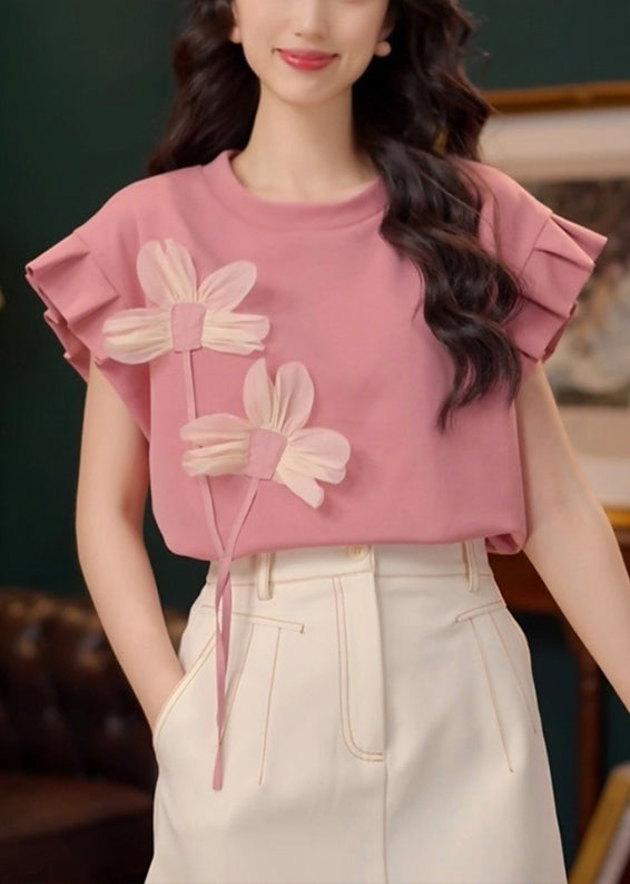 Cotton Neck Floral Summer T O Patchwork Shirt Pink FashionChic