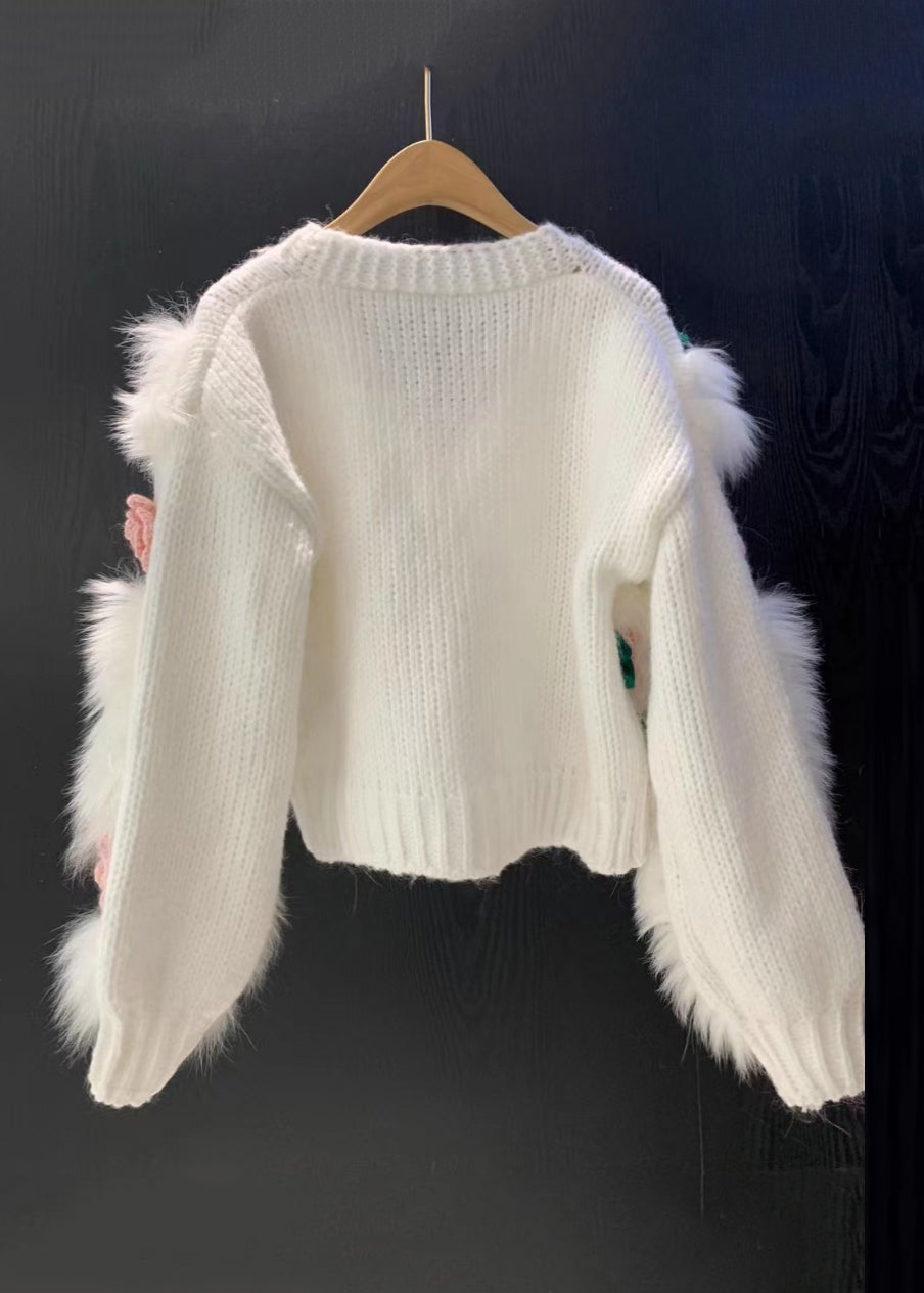 Floral Pink V Neck Button Patchwork Knit Cardigan Winter WK046 OM-SW241119