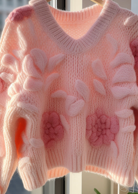 Floral Pink V Neck Original Design Knit Cardigans Fall QV060 OM-SW241024
