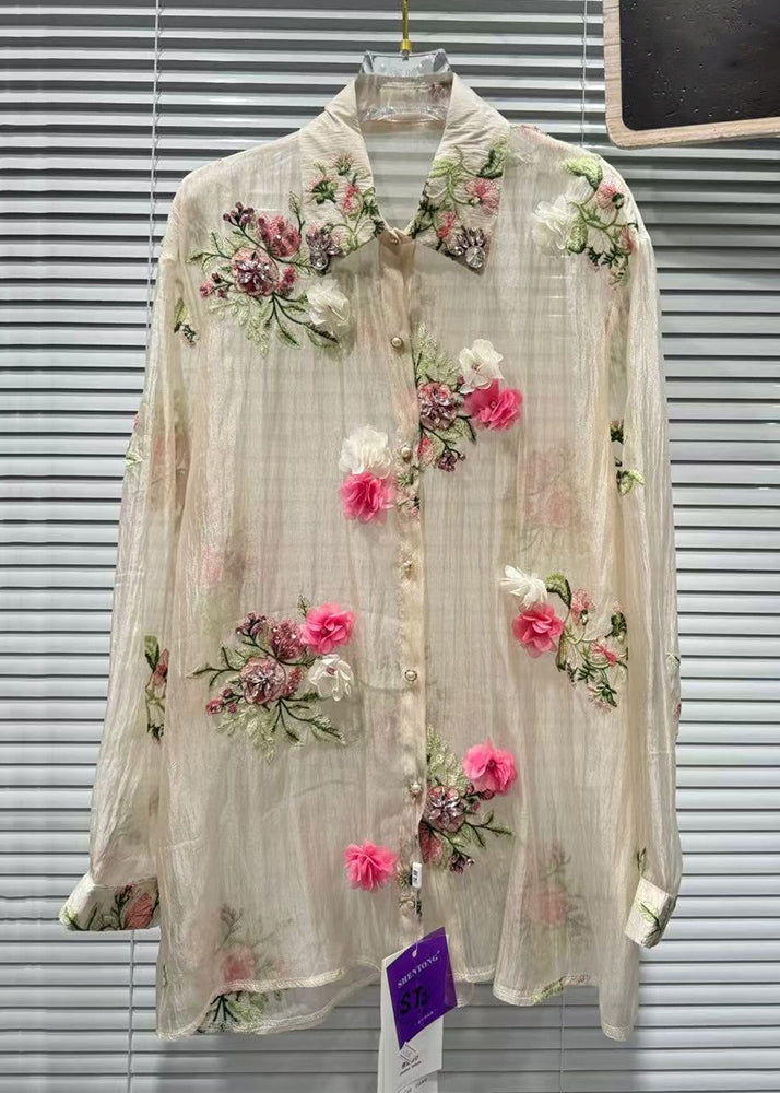 Pink Patchwork Summer Zircon Cotton Shirts Floral FashionChic