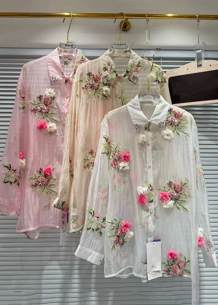 Pink Patchwork Summer Zircon Cotton Shirts Floral FashionChic