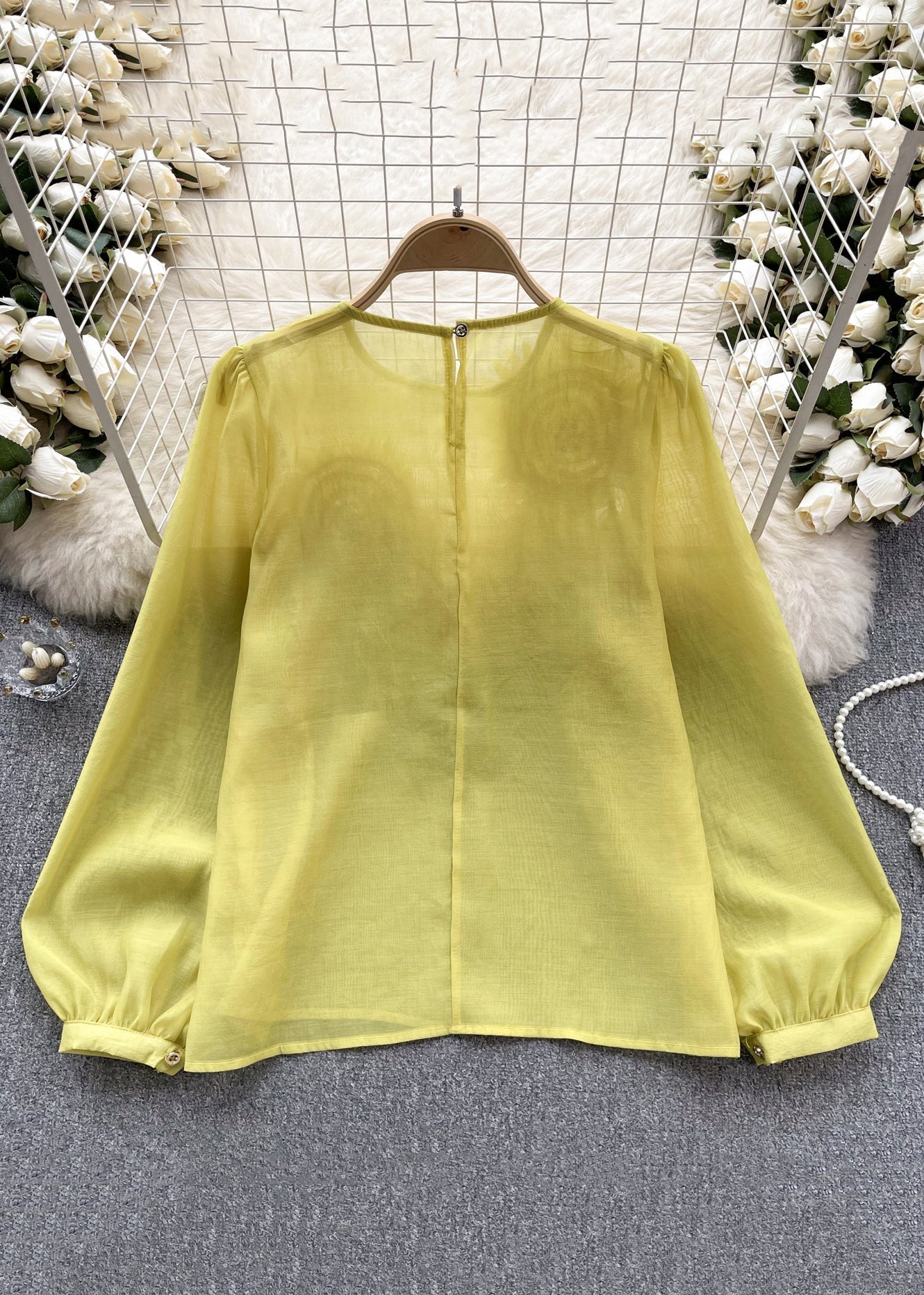 Floral Yellow O Neck Solid Chiffon Shirts Long Sleeve TR045 ZS-LTP240730