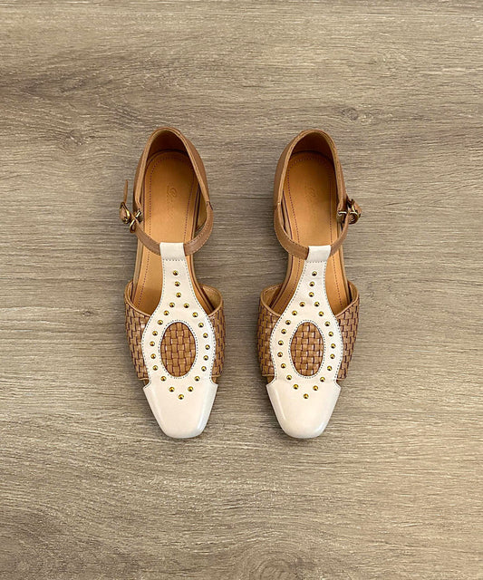 Head Out Square Sandals Hollow Woven Apricot French Rivet FashionChic