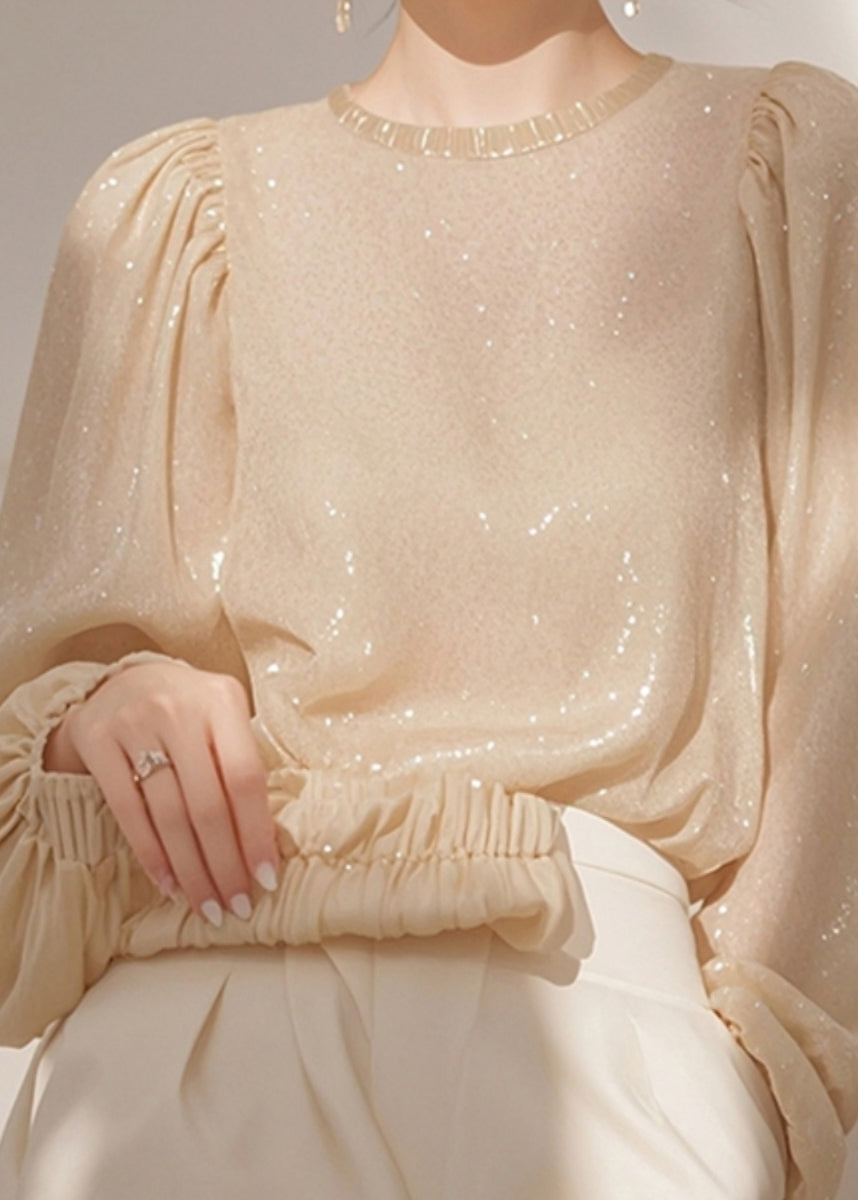 Sequins French Shirt O Neck Spring Tops Apricot FashionChic