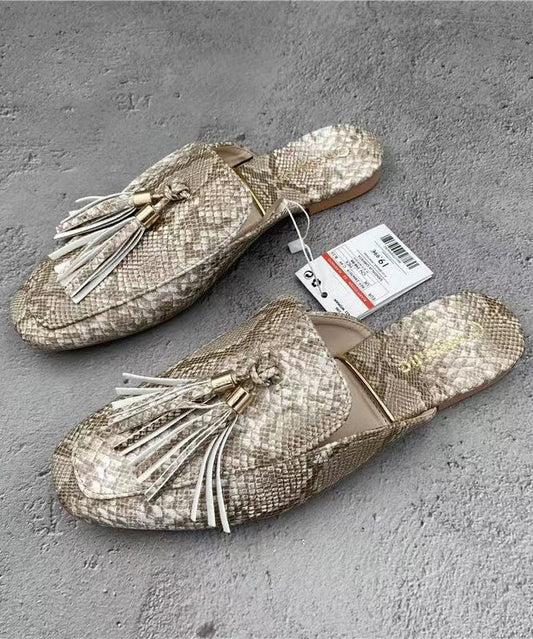 Faux Sandals Apricot French Leather Tassel Slide FashionChic