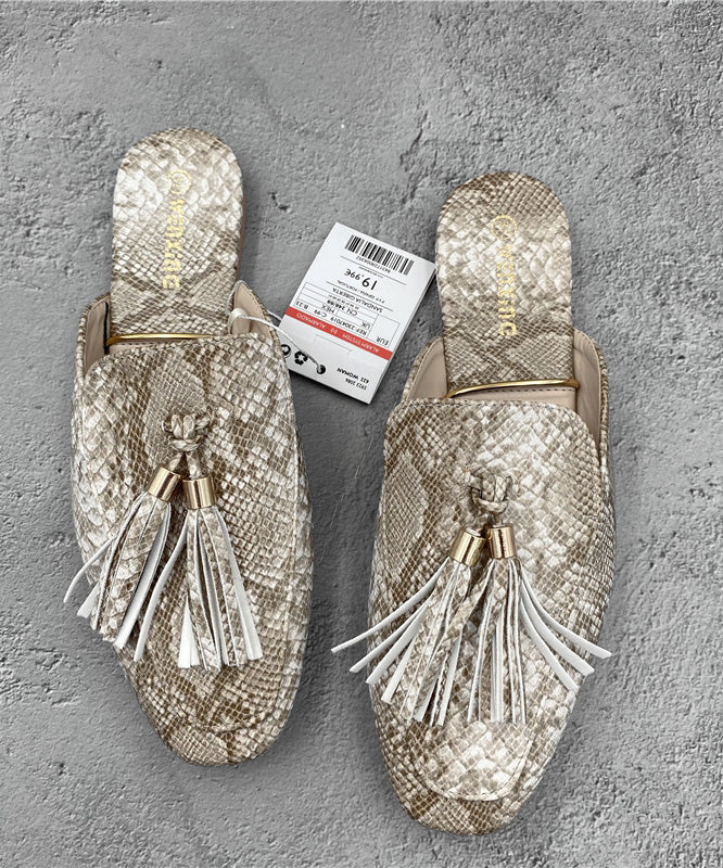 Faux Sandals Apricot French Leather Tassel Slide FashionChic