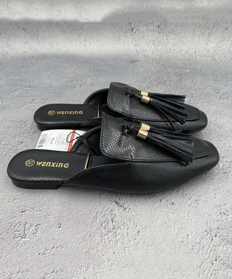 Faux Sandals Apricot French Leather Tassel Slide FashionChic