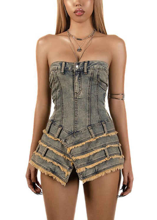 Dresses French Denim Sleeveless Asymmetrical Mini Strapless FashionChic