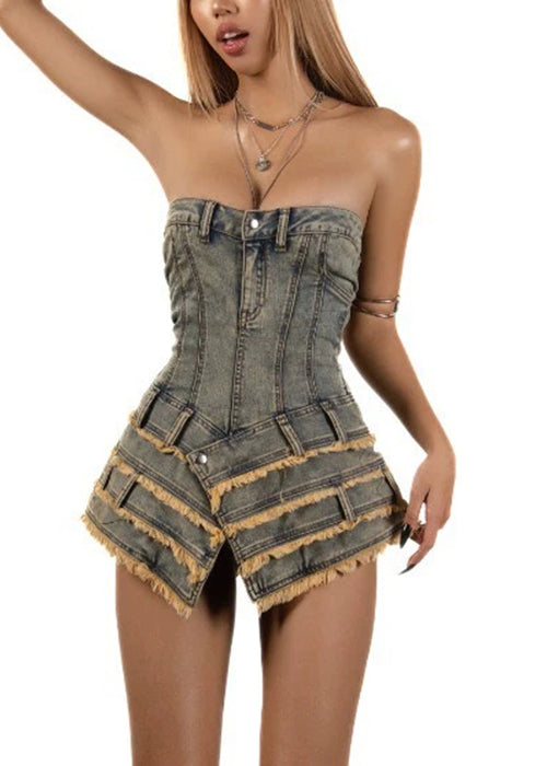 Dresses French Denim Sleeveless Asymmetrical Mini Strapless FashionChic
