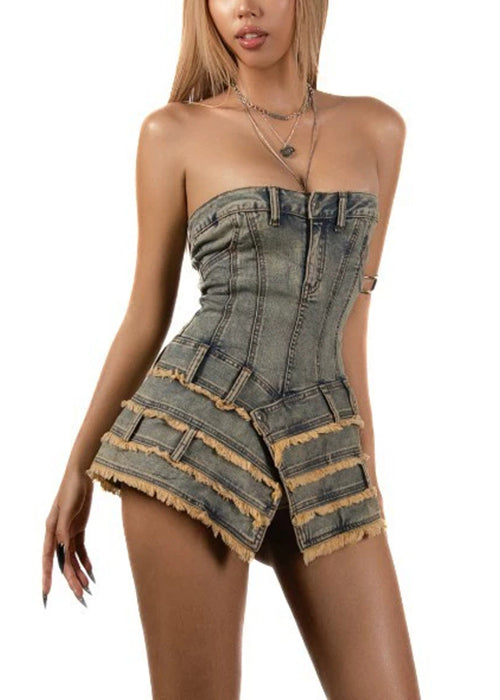 Dresses French Denim Sleeveless Asymmetrical Mini Strapless FashionChic