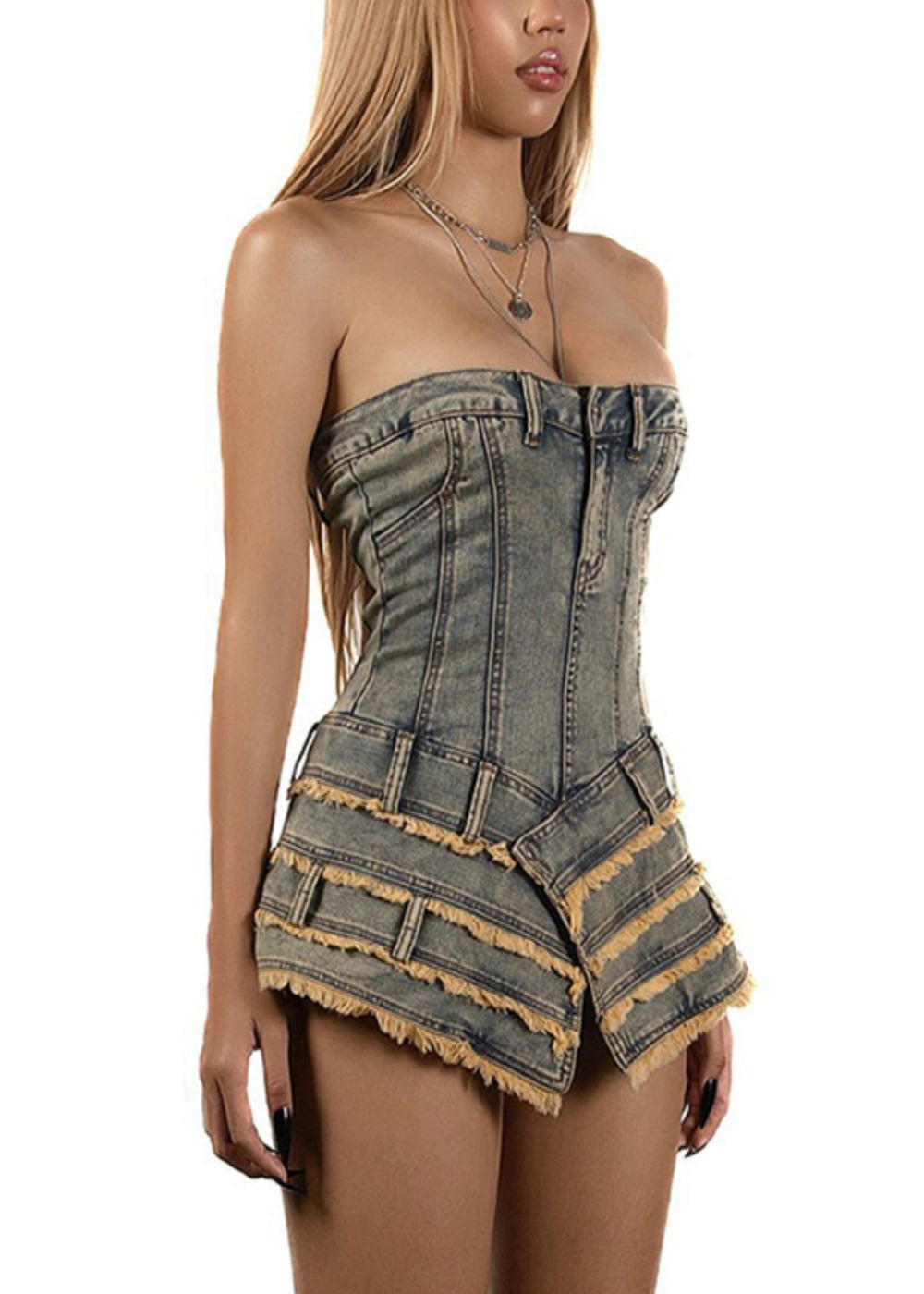 Dresses French Denim Sleeveless Asymmetrical Mini Strapless FashionChic