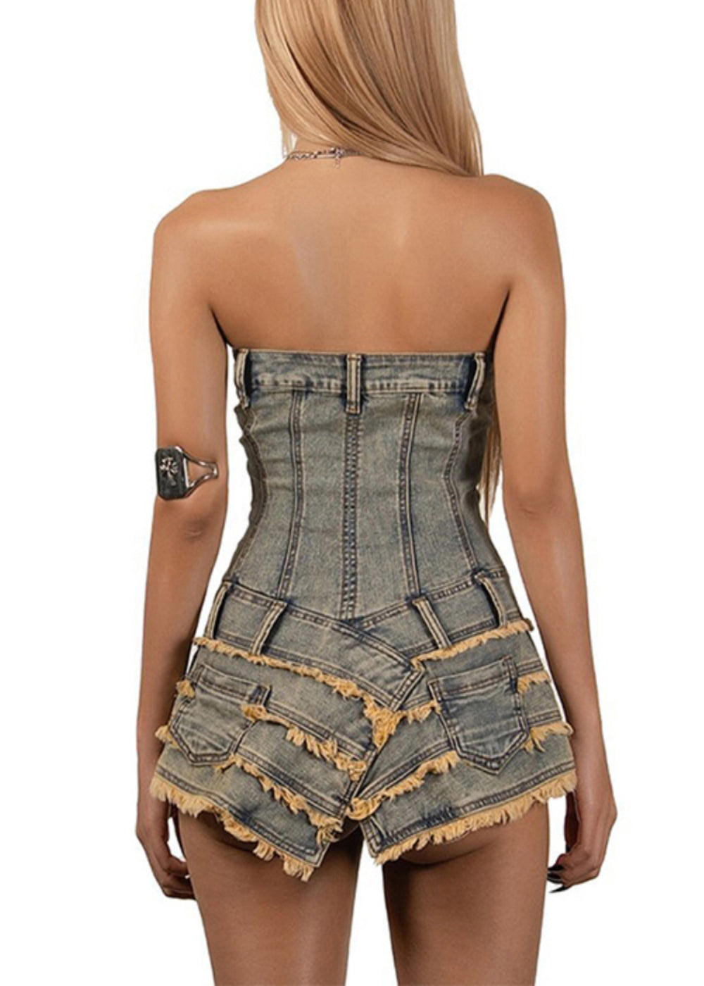 Dresses French Denim Sleeveless Asymmetrical Mini Strapless FashionChic