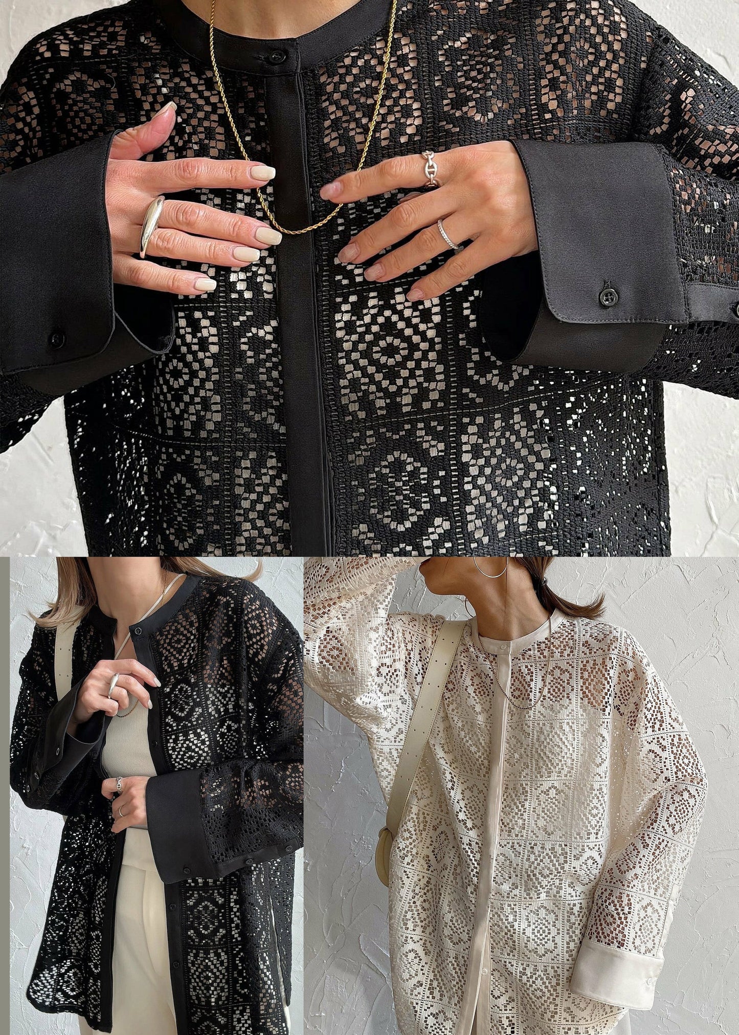 French Lace Out Sheer Blouses Hollow Summer Beige FashionChic