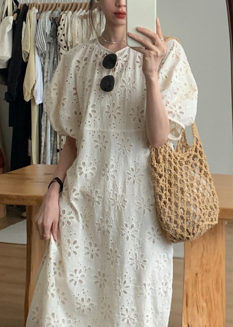 French Beige Hollow Puff Dress Sleeve Cotton Out O-Neck FashionChic