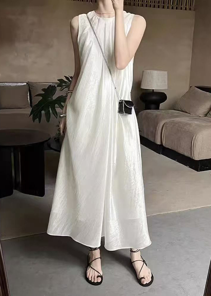 O Beige Sleeveless Dresses Long Solid Silk Neck French FashionChic