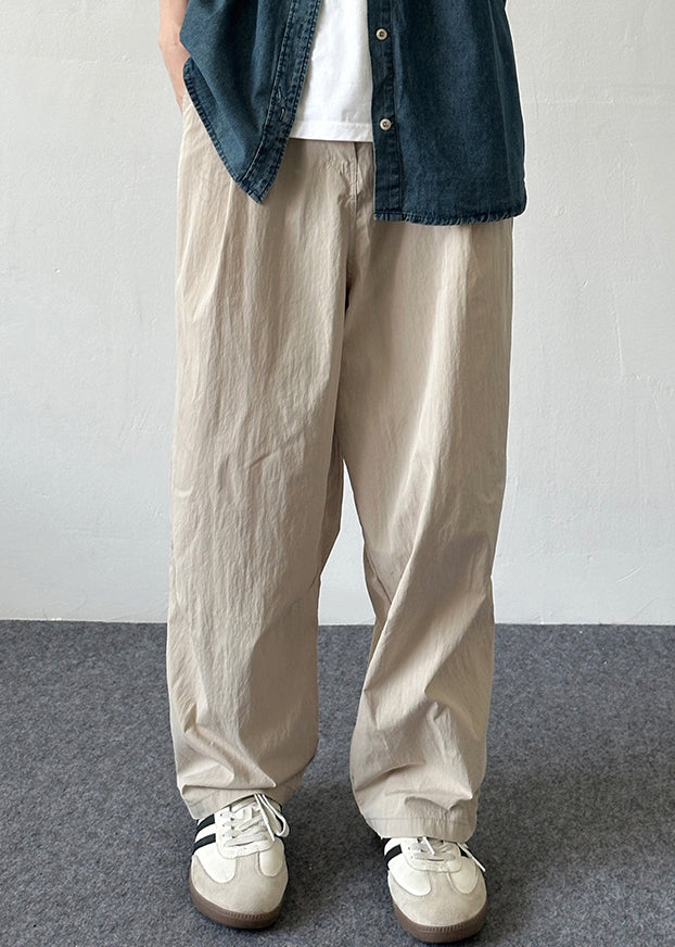 Cotton Pants Beige Waist Mens Elastic Pockets French Summer Solid FashionChic