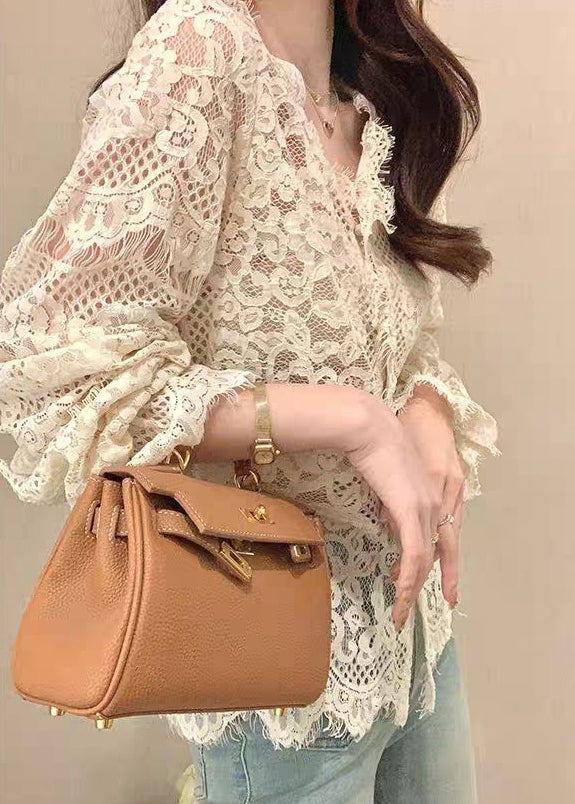 Button Out Ruffled Spring Lace Tops French Hollow Beige FashionChic