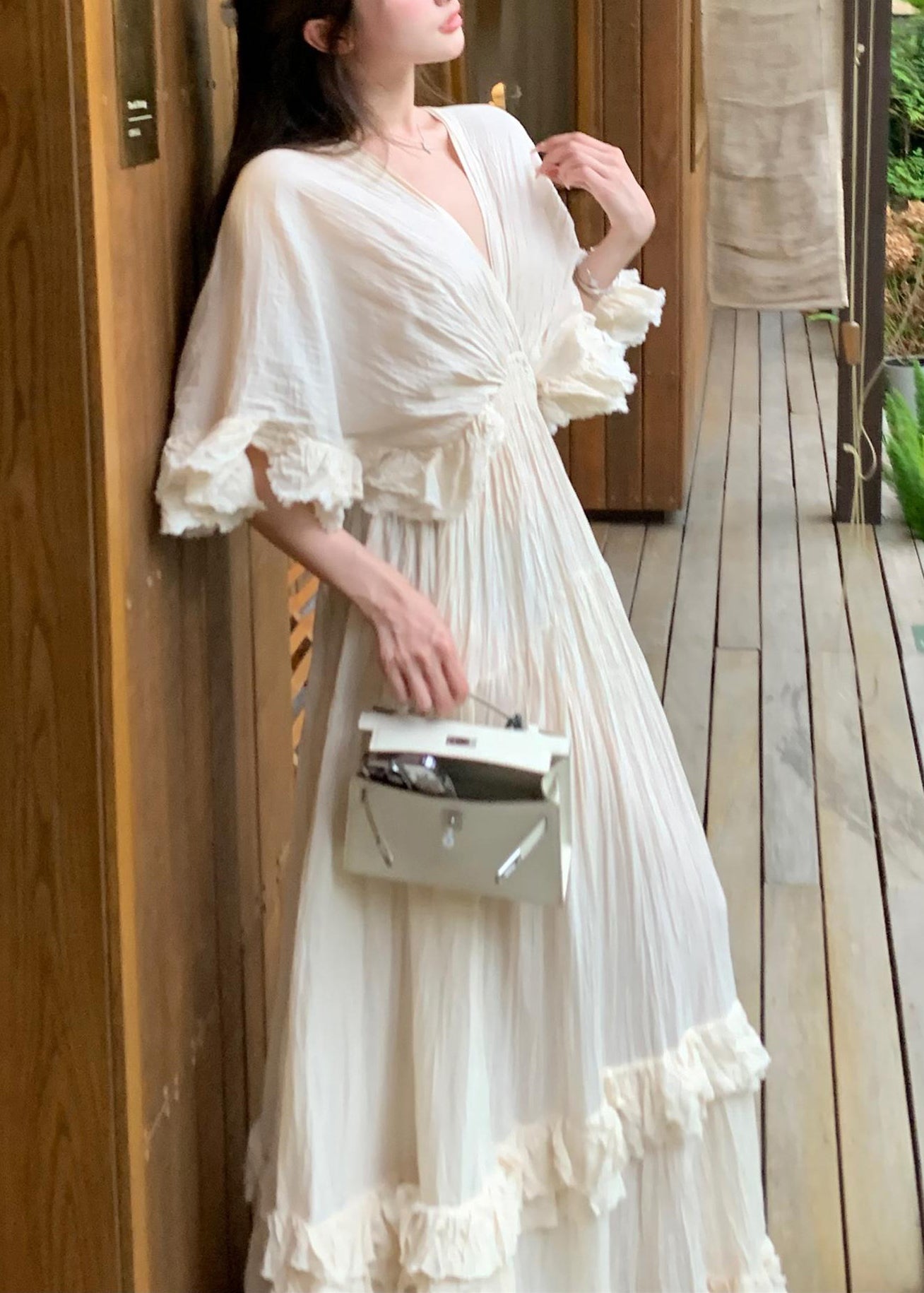 Cotton Dresses Beige Summer Ruffled Patchwork Long French FashionChic