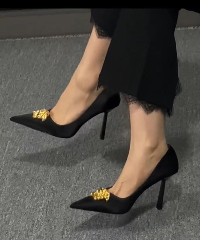 Pointed Splicing Toe French Heels Leather Black High Faux FashionChic