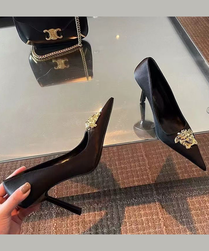 Pointed Splicing Toe French Heels Leather Black High Faux FashionChic