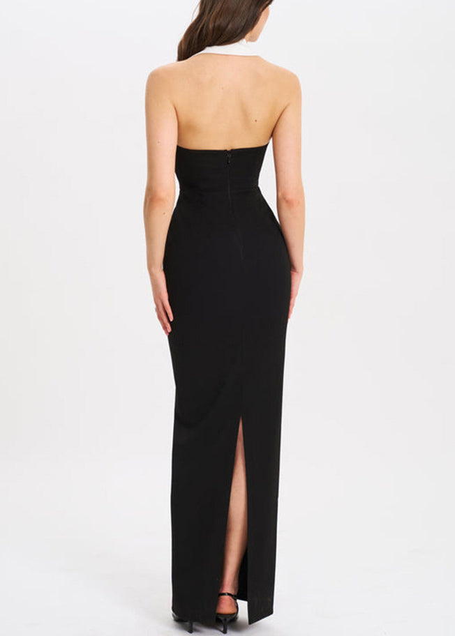 Backless Open Black Long French Notched Dresses Side Cotton FashionChic