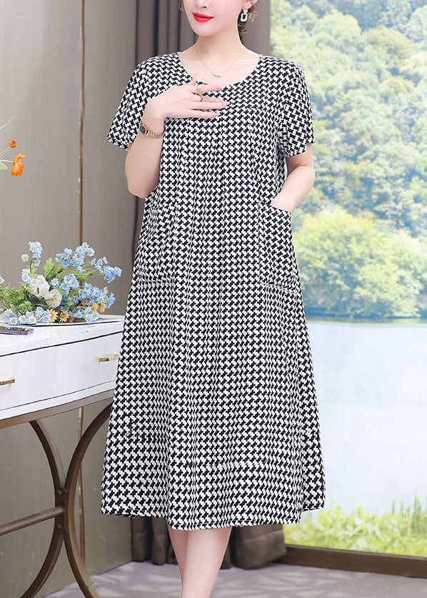 French Black O-Neck Plaid Patchwork Maxi Dresses Summer VB1052 Ada Fashion
