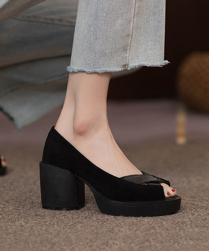 French Black Peep Toe Genuine Leather Platform Heels RT1045 Ada Fashion