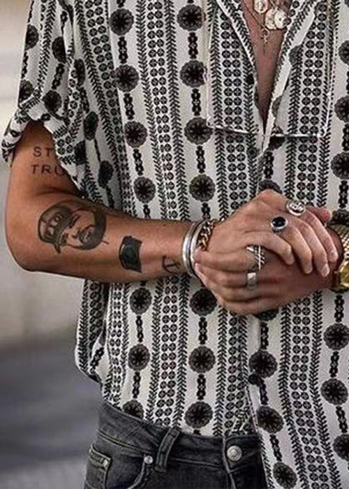 Print Cotton Pan Peter Summer French Black Men Collar Shirt FashionChic