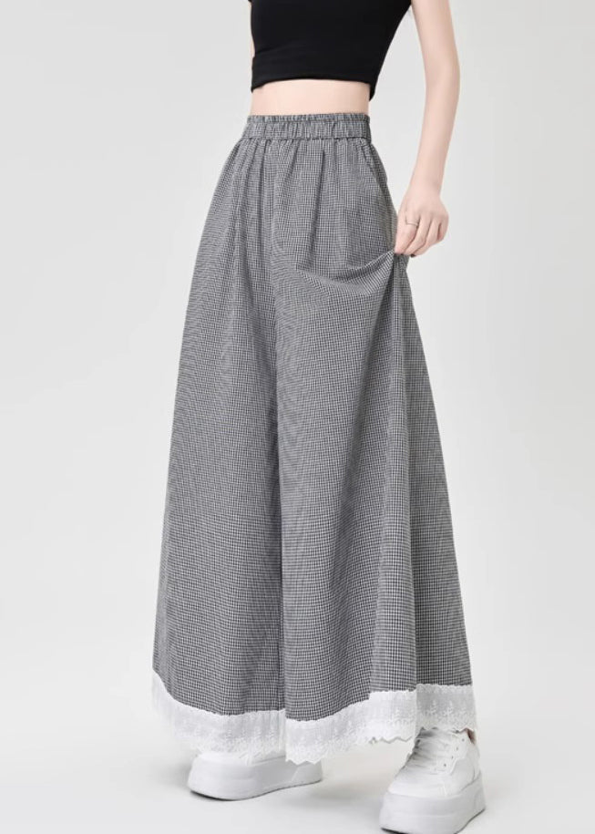 French Leg Lace Wide Cotton Patchwork Summer Pants Black Plaid FashionChic