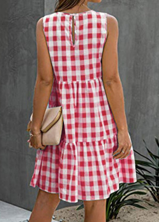 Pockets Black Dress Cotton Sleeveless Plaid French FashionChic