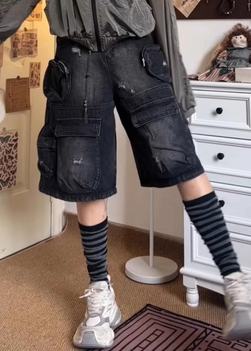 French Black Pockets Patchwork Shorts Summer QF058 Men-SPTS241016