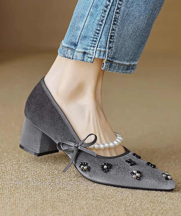 French Black Pointed Toe Chunky Heel Velour Nail Bead RX026 ABC