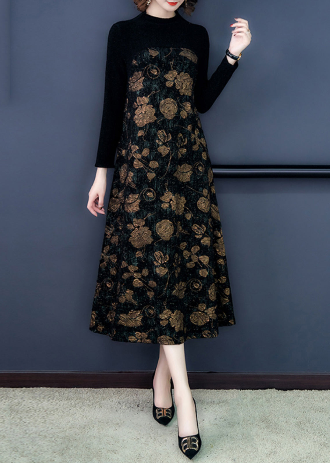 French Black Print Patchwork Warm Fleece Maxi Dress Spring OO041 OM-CS240814