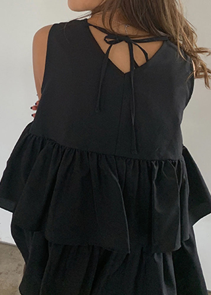 A Sleeveless Tank Cotton French Ruffled Line Black FashionChic