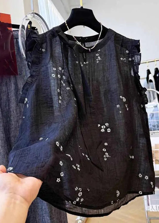 Summer Black French Ruffled Cotton Top Embroidered FashionChic