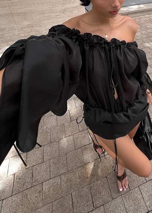 French Black Ruffled Lace Up Silk Mid Dress Spring YZ050 ABC