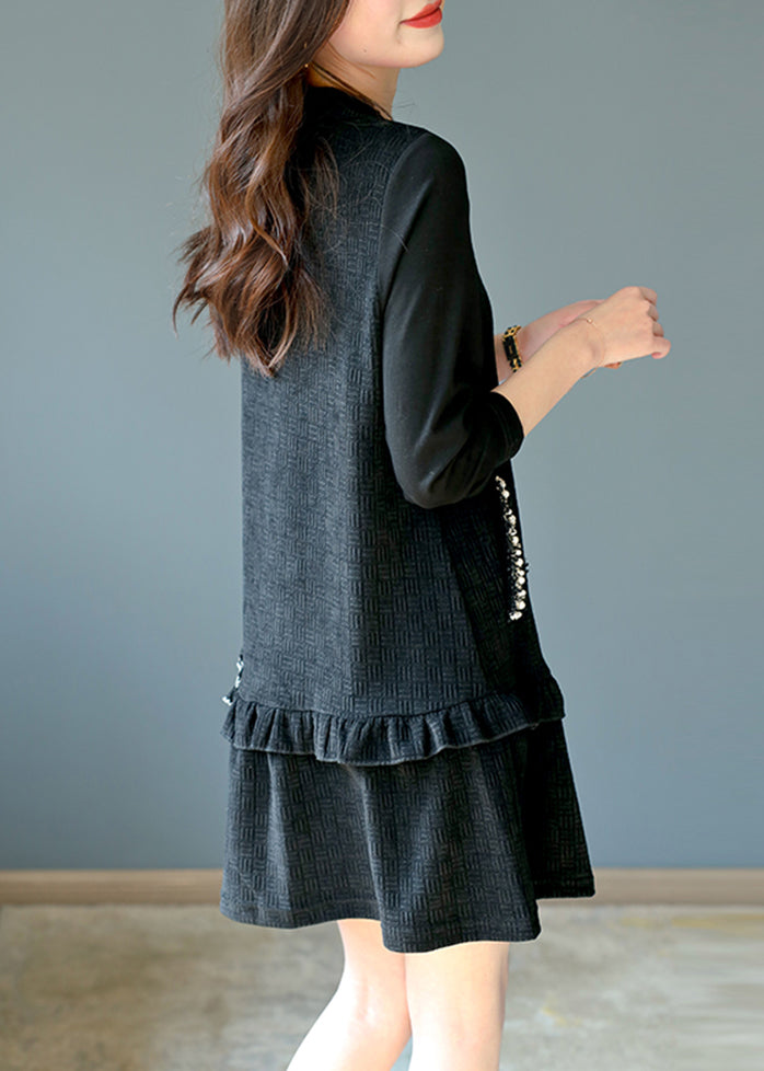 French Black Ruffled Nail Bead Pockets Mid Dress Spring RL042 ABC