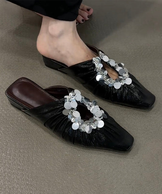 Slide Sandals Splicing Sequins Black French Wrinkled FashionChic