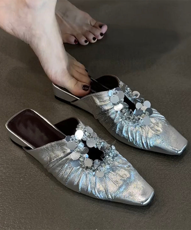 Slide Sandals Splicing Sequins Black French Wrinkled FashionChic